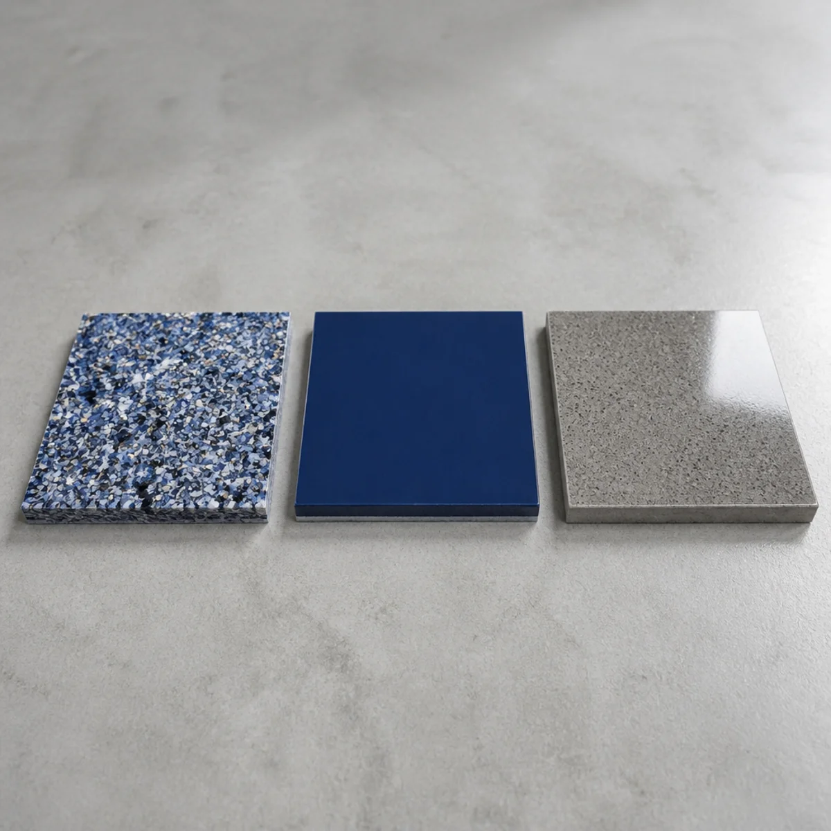 Garage floor finish samples including flake epoxy and polished concrete