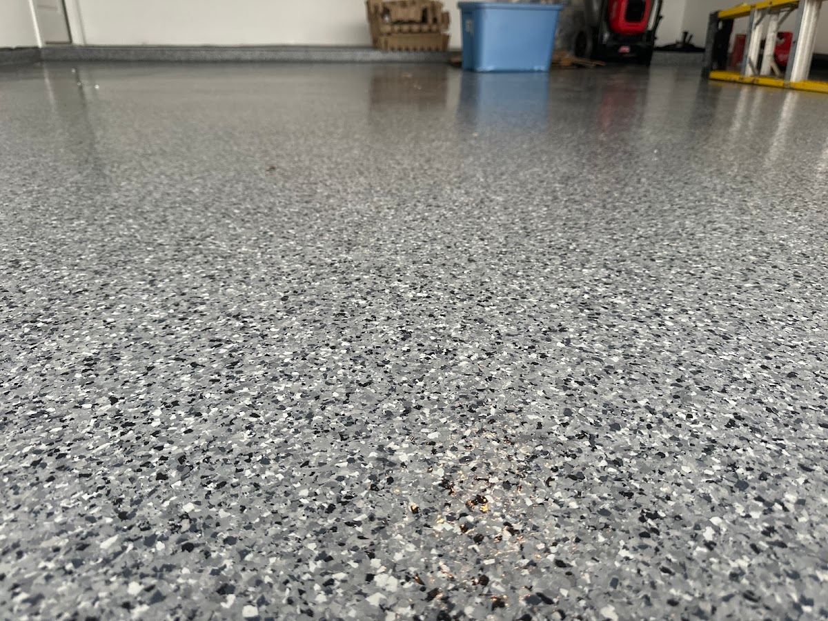 Decorative chip floors with built-in texture and a custom speckled finish.