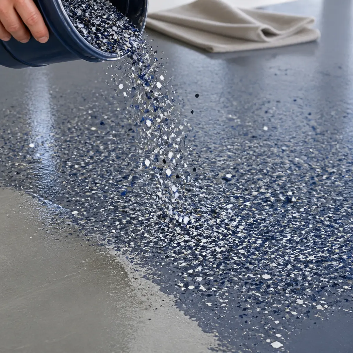 Decorative flakes broadcast onto a garage floor base coat