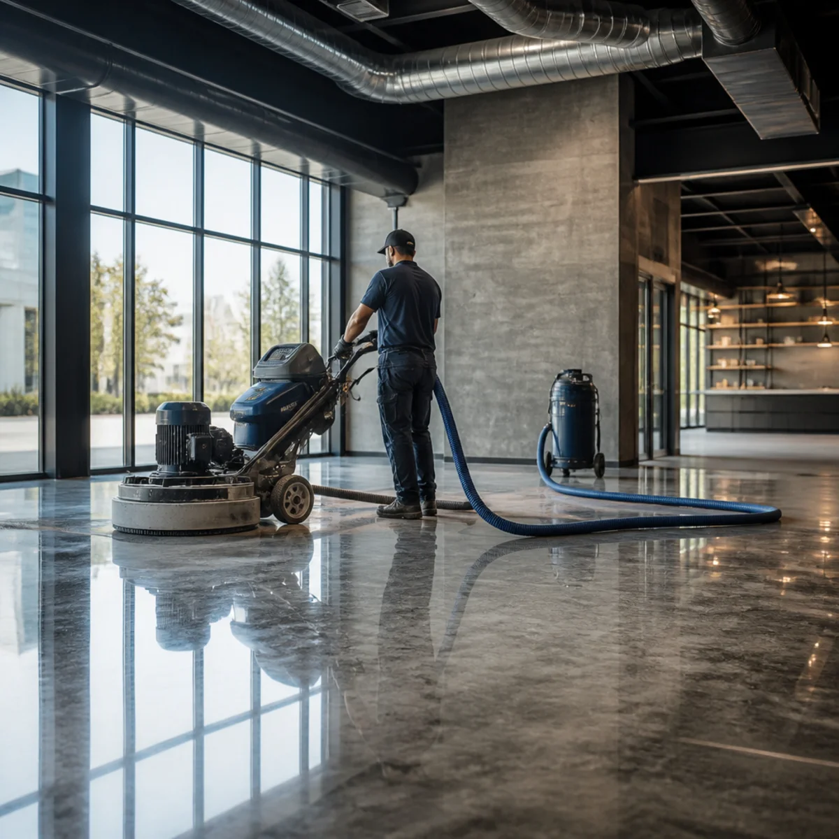 A South Coast Epoxy jobsite during floor preparation and installation