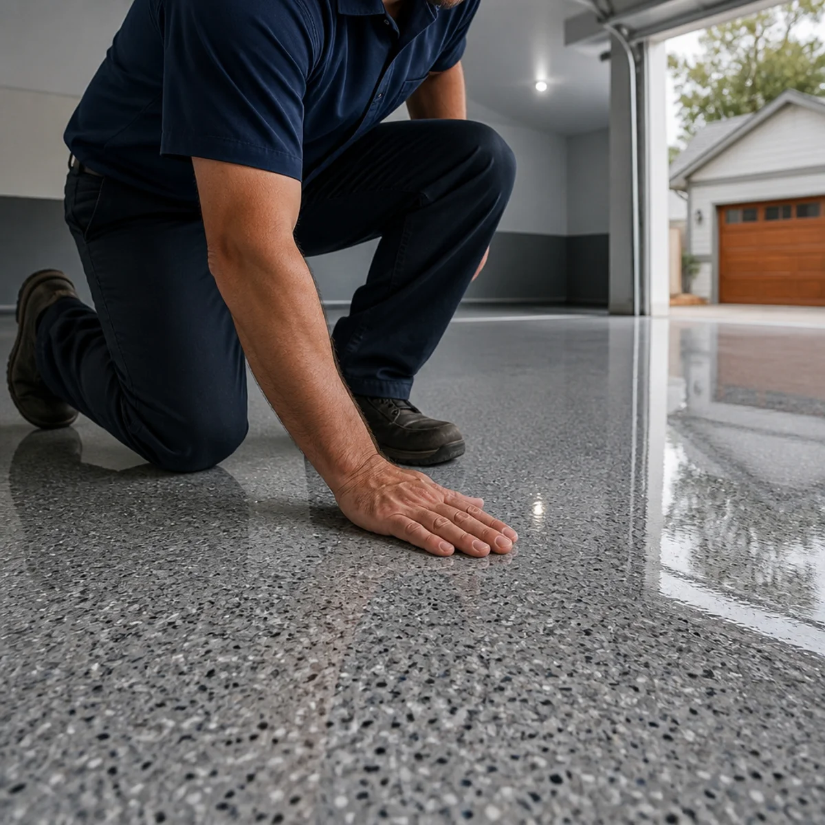 South Coast Epoxy inspecting a finished flake epoxy garage floor