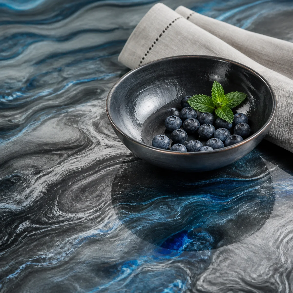Marbled metallic epoxy floor in a modern showroom